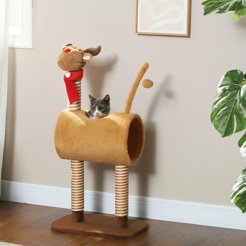 Albero tiragraffi per gatti 98 cm con design cervo, tunnel, palla gioco, marrone