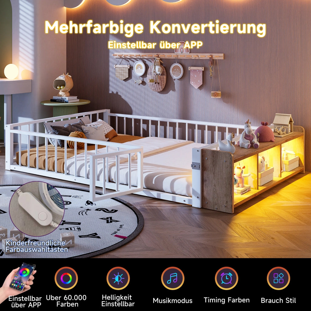 Letto in metallo con cassetti LED 140x200 MDF bianco e metallo