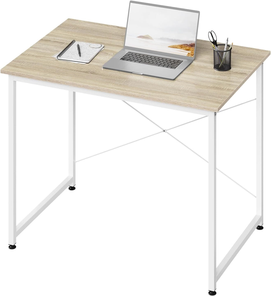Scrivania Salvaspazio, Tavolo per Computer, Rovere Chiaro + Bianco per Studio, Home Office, Camera da Letto, in Legno e Metallo, 80x60x70 cm