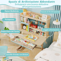 Scrivania per Bambini 3+ Anni, Tavolo da Studio Regolabile in Altezza con Libreria e Cassetto, Piano Inclinabile, Mensole, Leggio e Portapenne, Scrivania per Studiare (Blu)