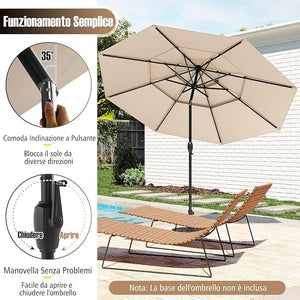 Ombrellone da Patio 313 cm con 32 Luci LED, Tetto Ventilato a 3 Piani, Inclinazioni Regolabili, Manovella, 8 Stecche, Ombrellone da Giardino, Piscina, Spiaggia