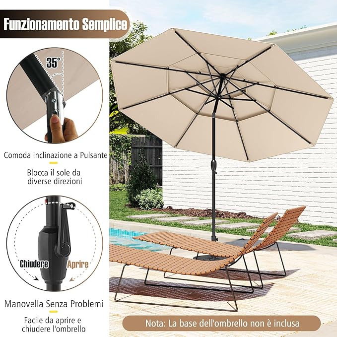 Ombrellone da Patio 313 cm con 32 Luci LED, Tetto Ventilato a 3 Piani, Inclinazioni Regolabili, Manovella, 8 Stecche, Ombrellone da Giardino, Piscina, Spiaggia