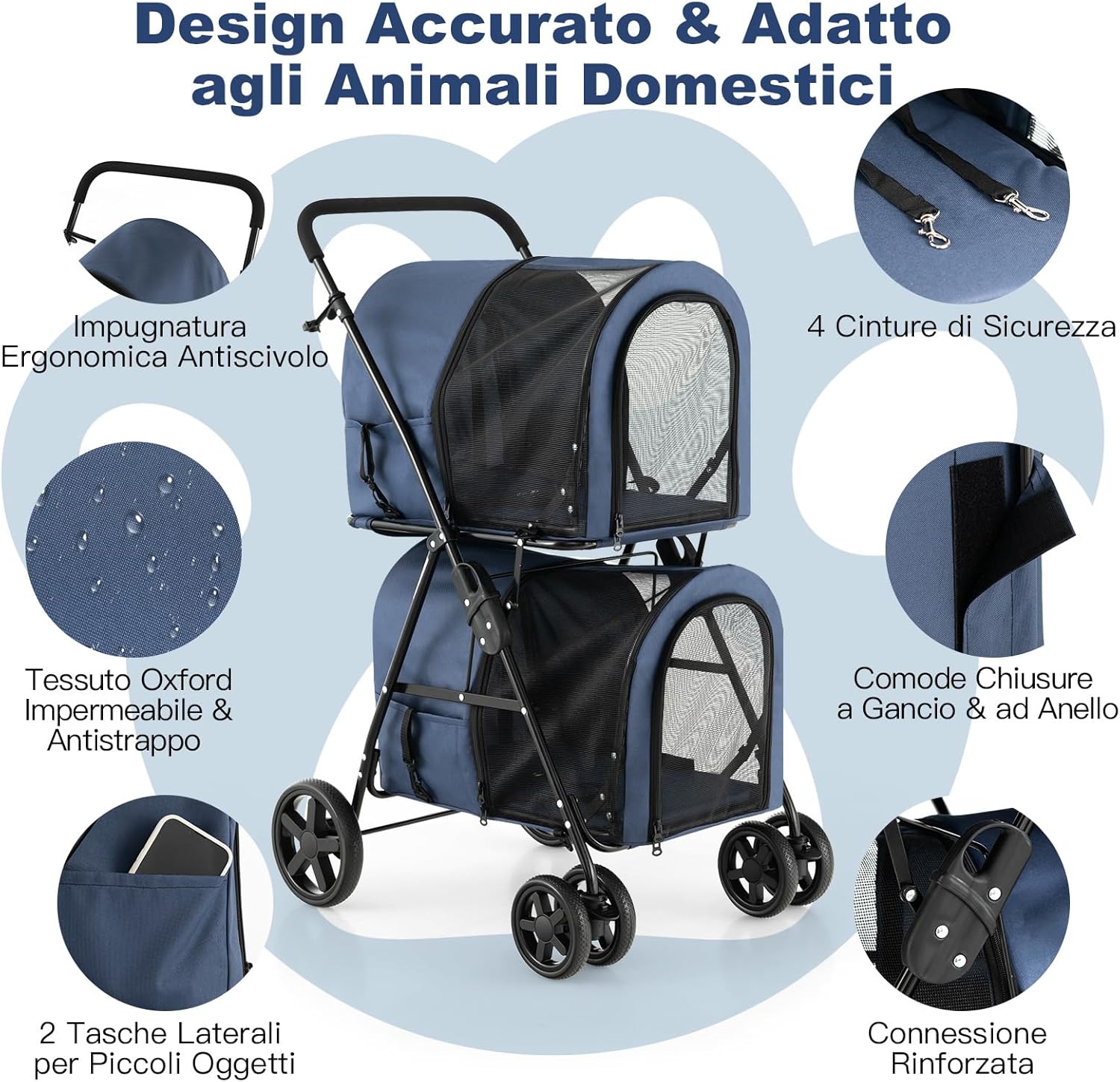 Passeggino per Cani Pieghevole, Carrozzina per Cani Multifunzionale 4 in 1 a Doppio Livello, Passeggino Smontabile con Ruote, Ideale per Passeggiata Viaggio e Shopping (Blu)