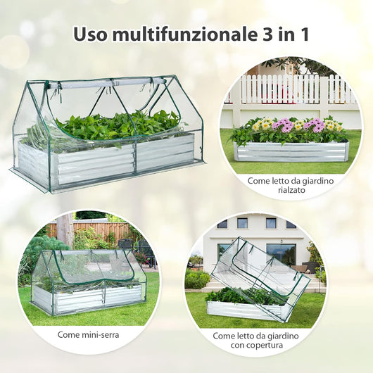 Orto Rialzato Zincato con Serra, Aiuola Senza Fondo con Copertura Trasparente, Fioriere con Finestre Avvolgibili per Giardino e Terrazzo, 180 x 90 x 91 cm