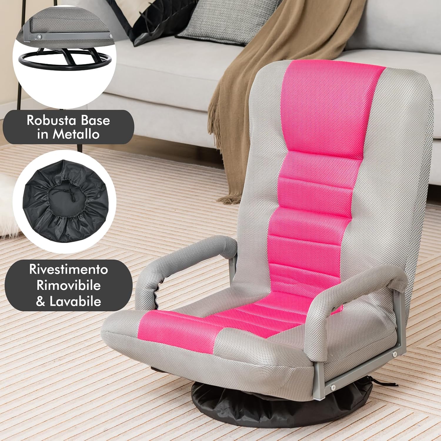 Sedia da Pavimento Pieghevole, Poltrona Sedia da Yoga per Meditazione, Portatile Inclinabile Girevole, da Salotto Camera da Letto (Rosa e grigio)