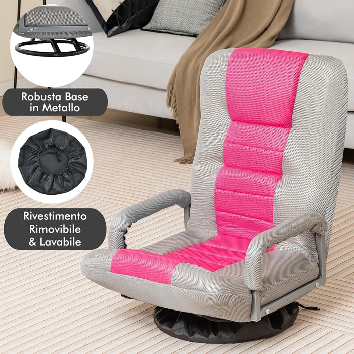 Sedia da Pavimento Pieghevole, Poltrona Sedia da Yoga per Meditazione, Portatile Inclinabile Girevole, da Salotto Camera da Letto (Rosa e grigio)