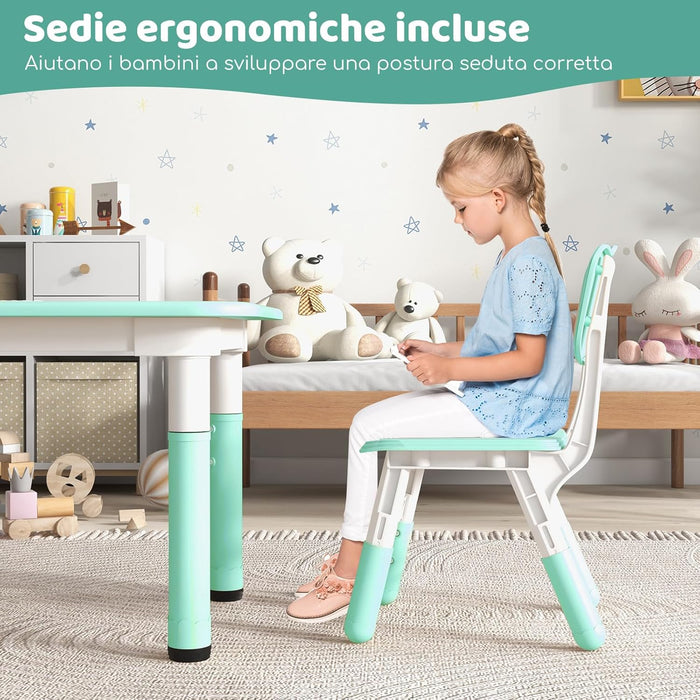 Set Tavolo e 4 Seide per Bambini, Scrivania Regolabile in Altezza con Piano Graffiti, Gambe Antiscivolo, Mobile Multifuzione con 4 Posti per Cameretta, Asilo e Scuola (Verde)