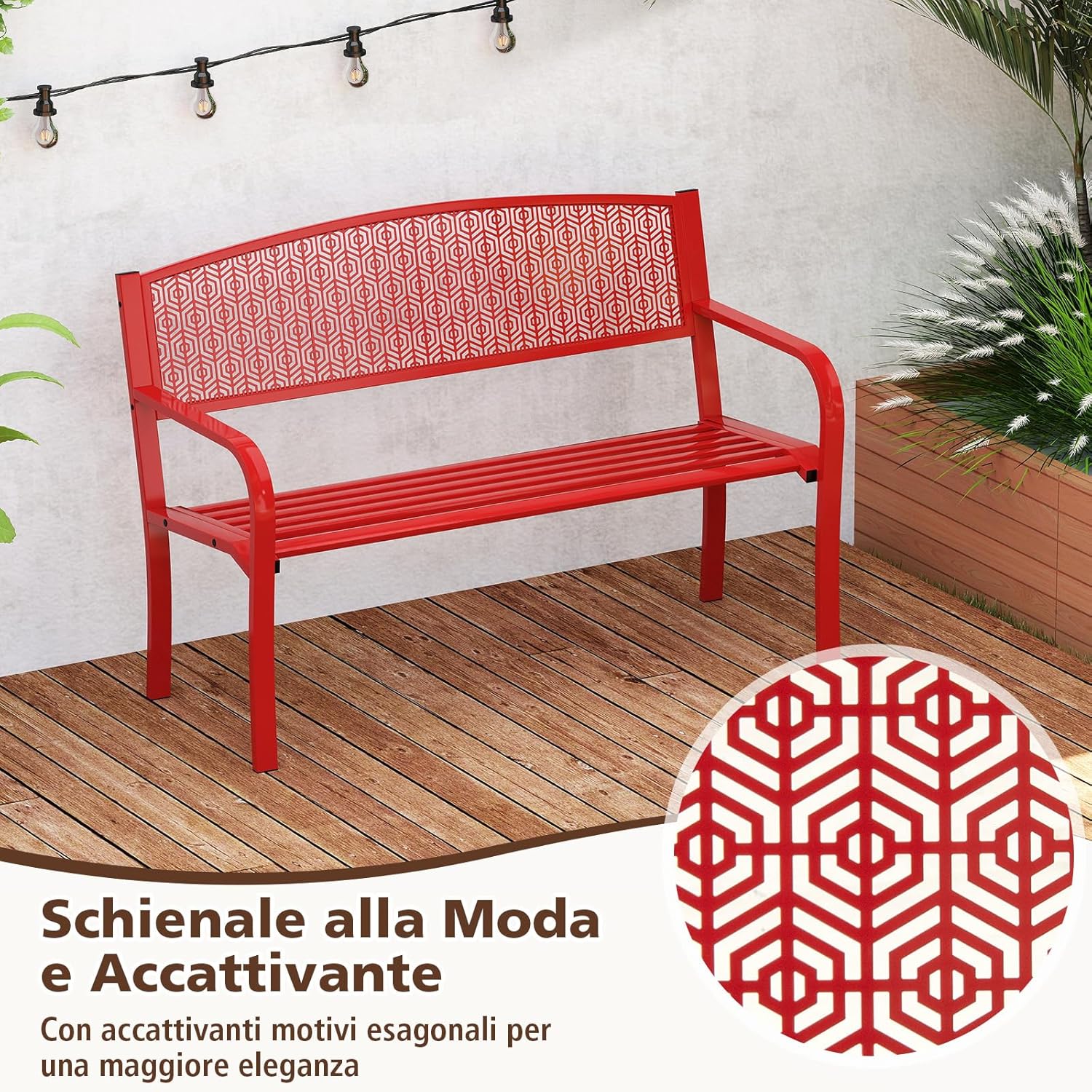 Panca da Esterno 2-3 Posti 128 cm, Panca in Metallo con Braccioli Curvi e Schienale alla Moda, Panchina Moderna in Metallo per Parco, Cortile e Giardino (Rosso, 128 x 60 x 86.5 cm)