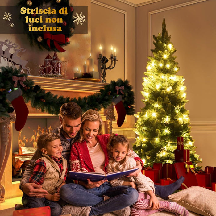 Albero di Natale Innevato 180/220 cm, Albero di Natale Slim con Pigne, Base di Metallo e Rami Rigogliosi in PVC, Ideale per Casa, Ufficio e Negozio (180 cm)