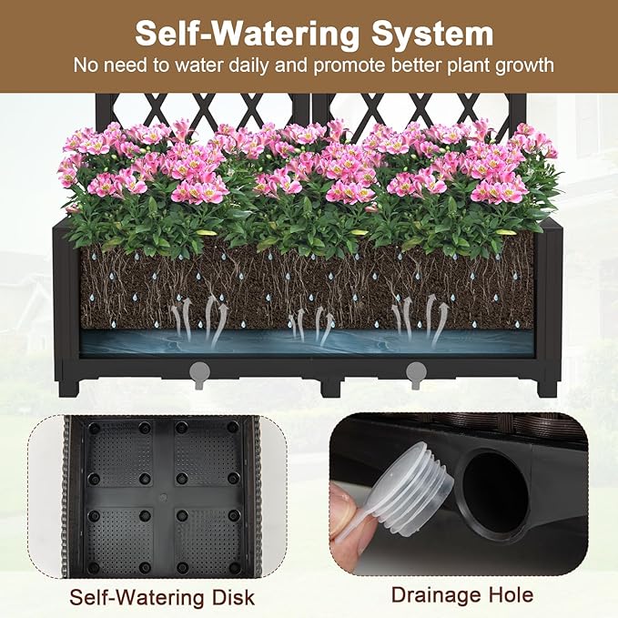 Fioriera con Spalliera da Esterno in PE, Vaso Rettangolare da Giardino con Auto-Irrigante e Fori di Drenaggio, Fioriera con Grigliato per Rampicanti da Balcone (Marrone, 80 x 40 x 122 cm)