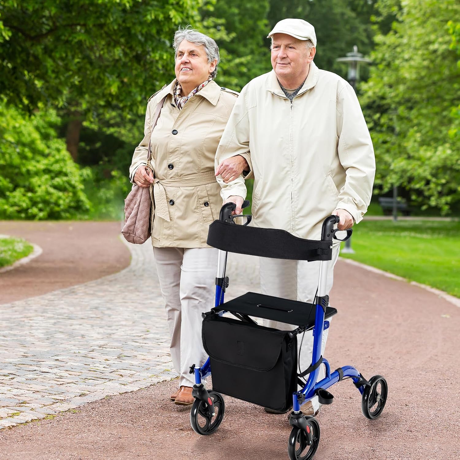 Deambulatore con Seduta 2 in 1, Rollator Pieghevole, Deambulatore per Anziani con 4 Ruote, Maniglie Regolabili Freni, con Doppia Funzione Schienale Reversibile e Borsa Portaoggetti (Blu)