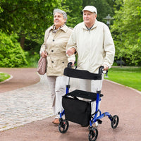 Deambulatore con Seduta 2 in 1, Rollator Pieghevole, Deambulatore per Anziani con 4 Ruote, Maniglie Regolabili Freni, con Doppia Funzione Schienale Reversibile e Borsa Portaoggetti (Blu)