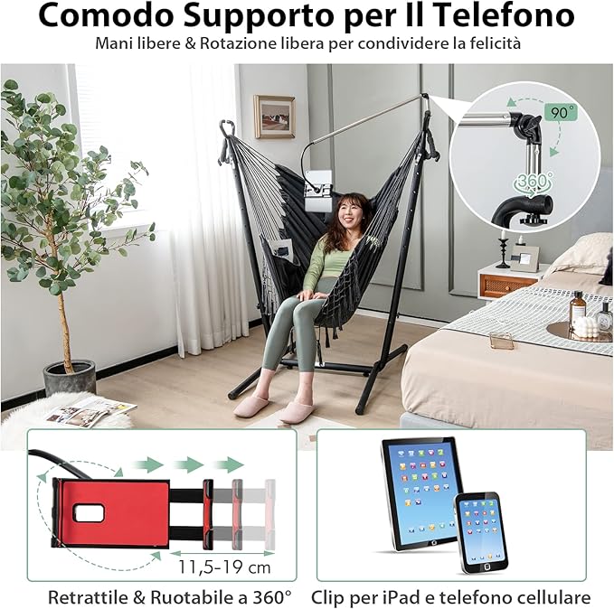 Sedia Amaca Sospesa con Supporto, Sedia Appesa Regolabile in Altezza con Supporto Porta Cellulare Cuscino e Tasca Laterale, Carico Massimo 250 kg