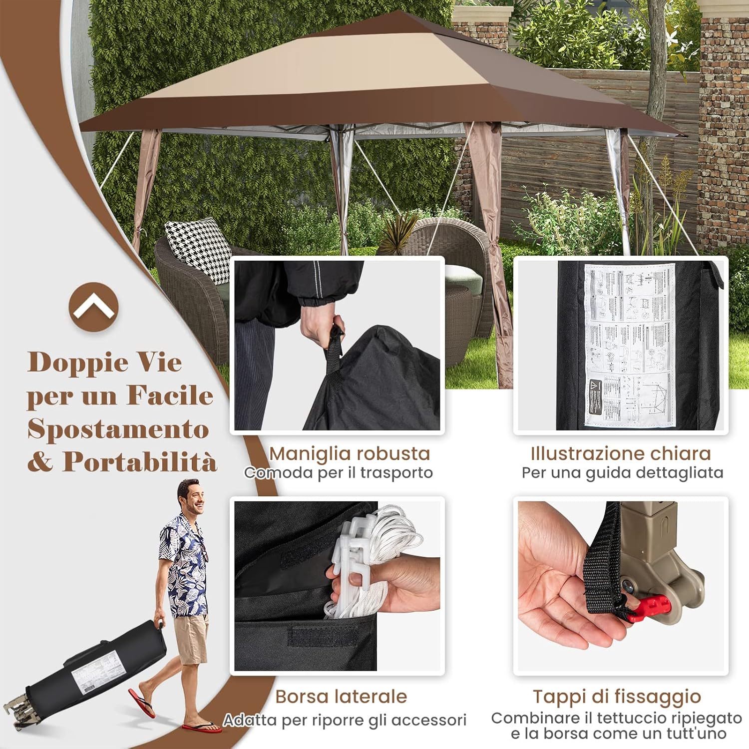 Gazebo da Giardino 3 x 3 M, Gazebo da Esterno con Ruote, Struttura in Acciaio, Regolabile in Altezza, Ideale per Feste, Barbecue, Giardino