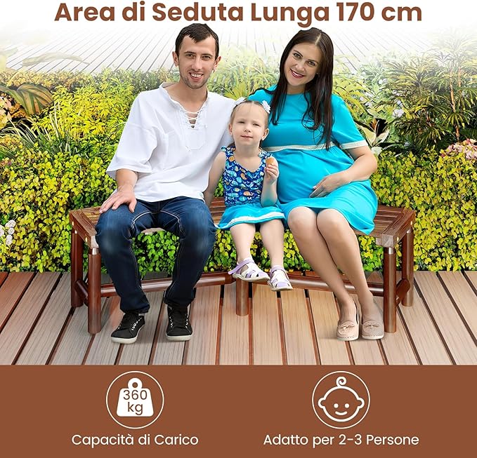 Panchina Curva da Patio, Panchina di Legno Massello per 2-3 Persone, Panca da Fuoco Senza Schienale per Esterni, Giardino e Bordo Piscina, Portata 360 kg (Marrone)