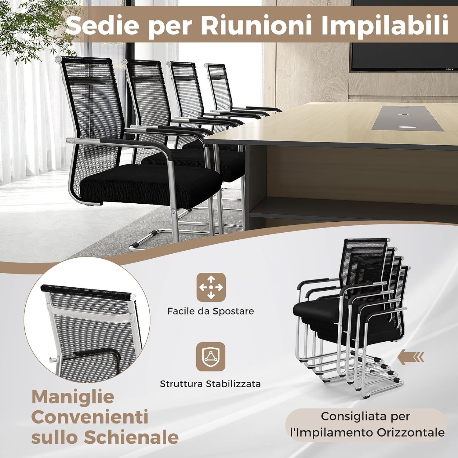 Set di 4 Sedie per Ospiti da Ufficio in Rete, Sedia da Conferenza con Base in Metallo e Braccioli, Poltrona da Ufficio in Rete,per Casa, Sale Conferenza, Portata 150 kg