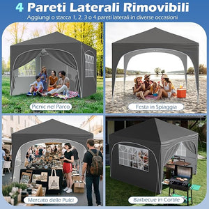 Gazebo Piehevole da Esterno 3 x 3 m, Gazebo Regolabile in Altezza con Pareti Rimovibili, Borsa con Ruote, Picchetti, Ancoraggi, Corde Vento e Sacchi di Sabbia, Tendone per Giardino (Grigio)