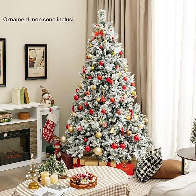 Albero di Natale Innevato 136/180/210 cm, Albero di Natale con 160/240/320 Luci LED, 472/850/1270 Rami di PE e PVC, 26/34/40 Pigne, Aghi di Pino e 8 Modalità di Illuminazione (210 CM)