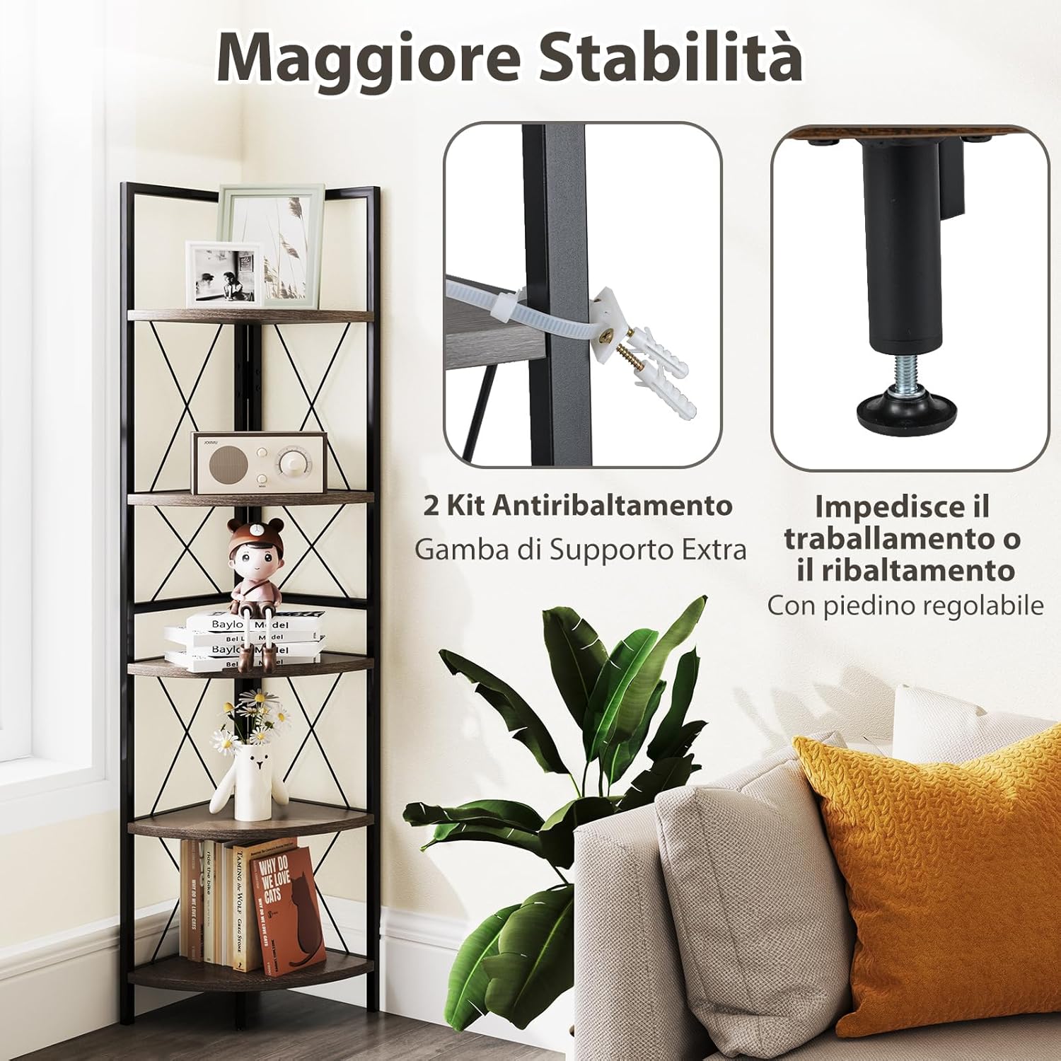 Scaffale Angolare, Libreria Industriale Angolare a 5 Ripiani con Struttura in Metallo, per Soggiorno Ufficio Cucina Spazi Piccoli, 35,5x35,5x159,5 cm (Grigio Rovere)
