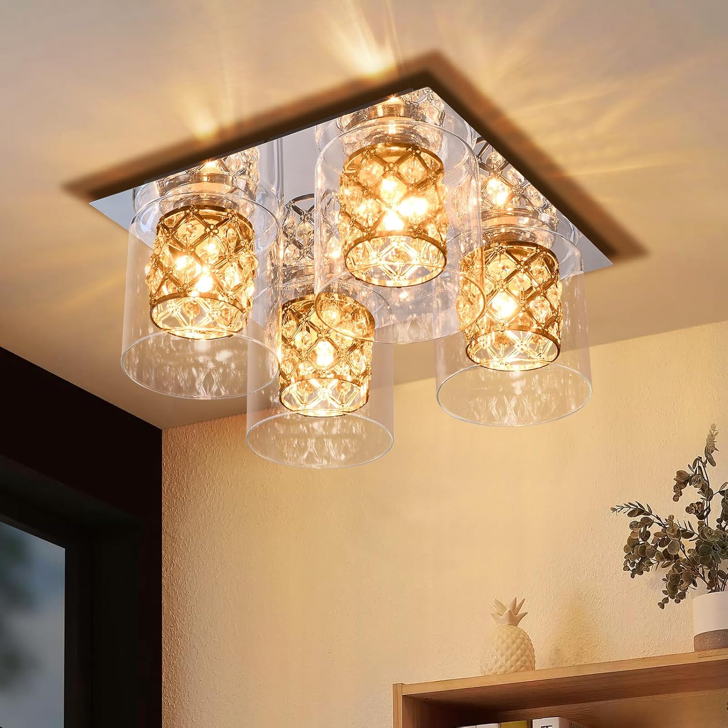 ZMH Lampada da soffitto plafoniera cristallo trasparente 4 luci per soggiorno cucina