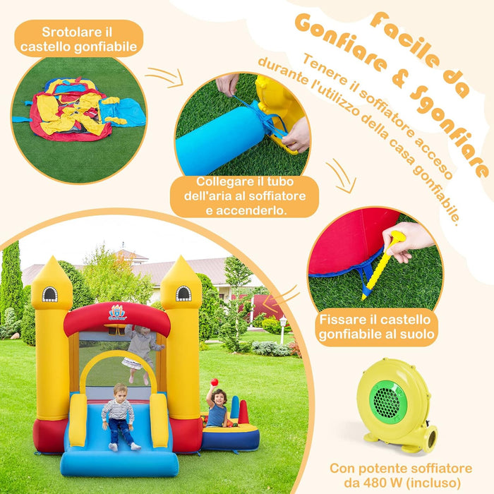 Castello Gonfiabile 6 in 1 con Soffiatore 480W, Gonfiabile per Bambini con Scivolo, Area di Salto, Canestro, Piscina di Palline, Lancio di Anelli e di Palline, per Interno Esterno e Feste