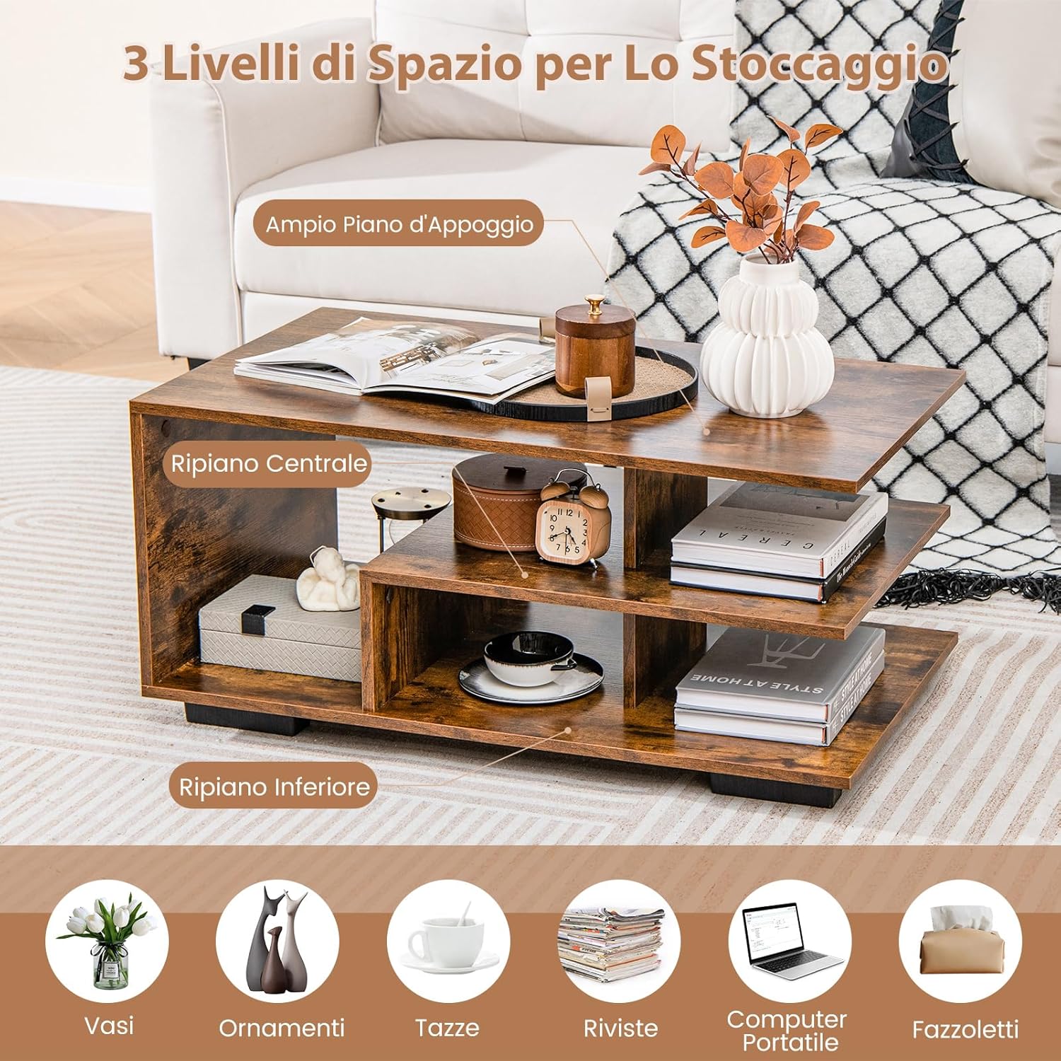 COSTWAY Tavolino da Caffè Rettangolare, Tavolo da Salotto Moderno con Mensola Centrale a Forma di L, Tavolino a 3 Livelli per Soggiorno, Sala di Ricevimento e Ufficio (Marrone)