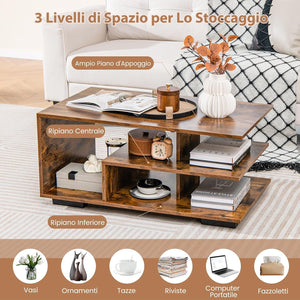 COSTWAY Tavolino da Caffè Rettangolare, Tavolo da Salotto Moderno con Mensola Centrale a Forma di L, Tavolino a 3 Livelli per Soggiorno, Sala di Ricevimento e Ufficio (Marrone)