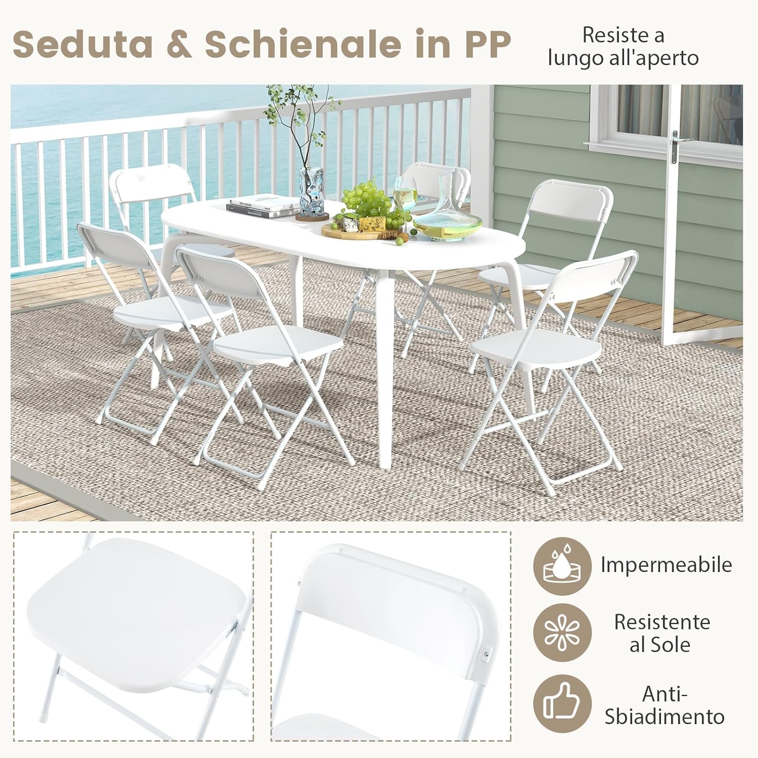 Set di 4 Sedie Pieghevoli in Metallo, Sedie da Patio Portatili con Sedile e Schienale in Plastica, Struttura in Metallo, Sedie da Pranzo per Esterno e Interno, Portata 350 kg, 48 x 45 x 82 cm