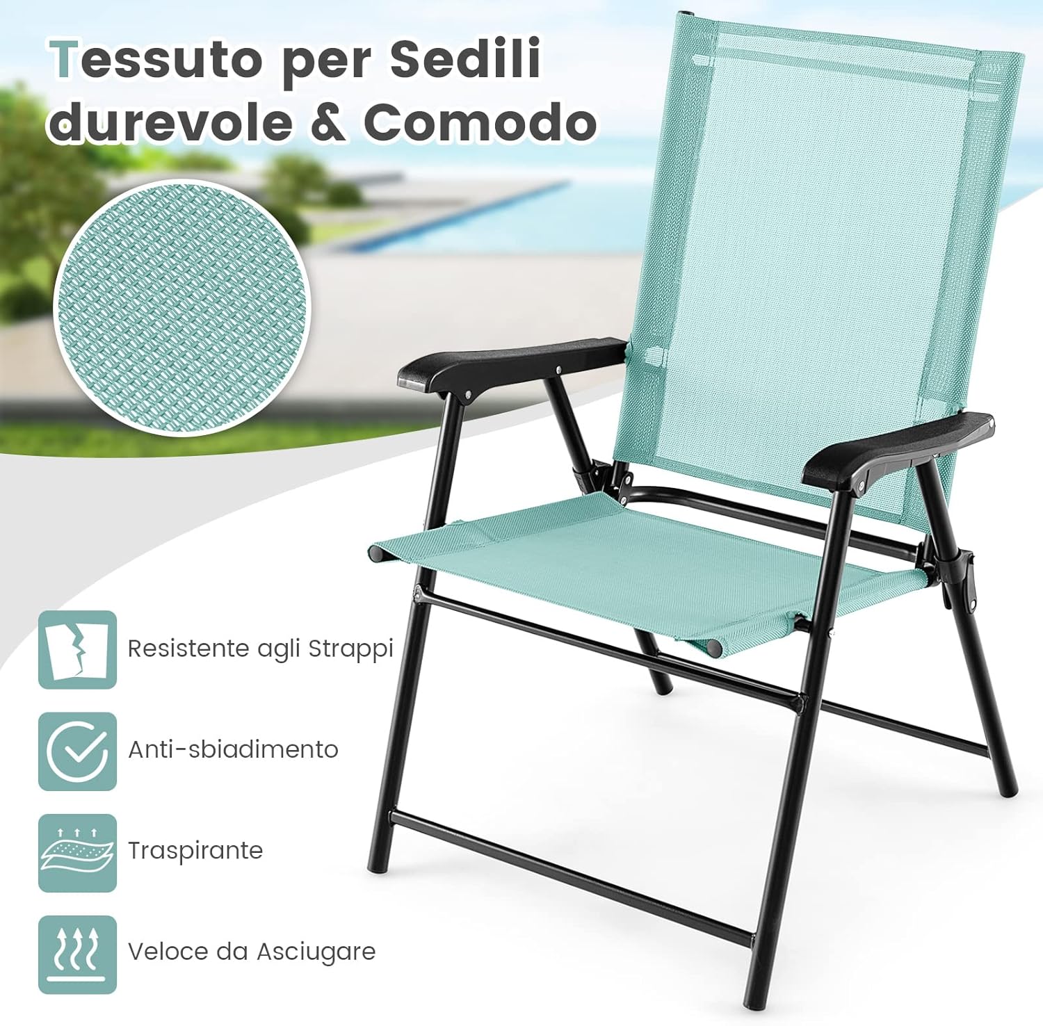 Set di 2 Sedie Pieghevoli da Giardino, Sedie Portatili con Braccioli e Struttura in Metallo, Sedie da Esterno Giardino Campeggio Terrazza Balcone Piscina, 65x60x93cm (Verde menta)