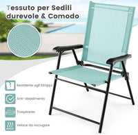 Set di 2 Sedie Pieghevoli da Giardino, Sedie Portatili con Braccioli e Struttura in Metallo, Sedie da Esterno Giardino Campeggio Terrazza Balcone Piscina, 65x60x93cm (Verde menta)