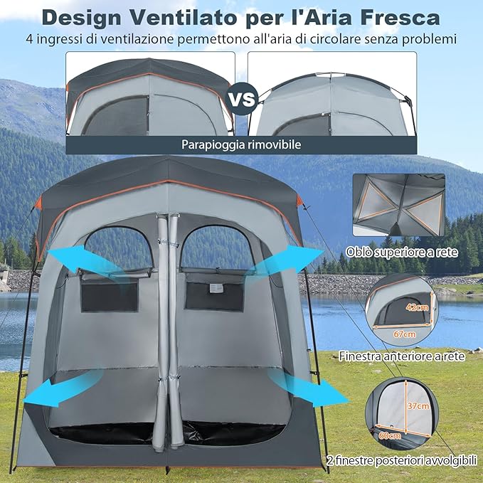 Tenda Spogliatoio da Esterno a 2 Stanze, Tenda da Doccia da Campeggio con Parapioggia Rimovibile, Stendibiancheria e Borsa, Tenda per WC Doccia per Campeggio, Spiaggia e Pesca(Grigio)