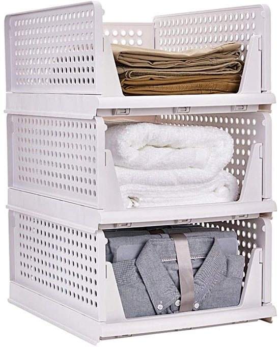 Set di 3 armadi a scomparsa pieghevoli e stivabili per la conservazione di abbigliamento da camera da letto, cassetto organizzatore in plastica (bianco)