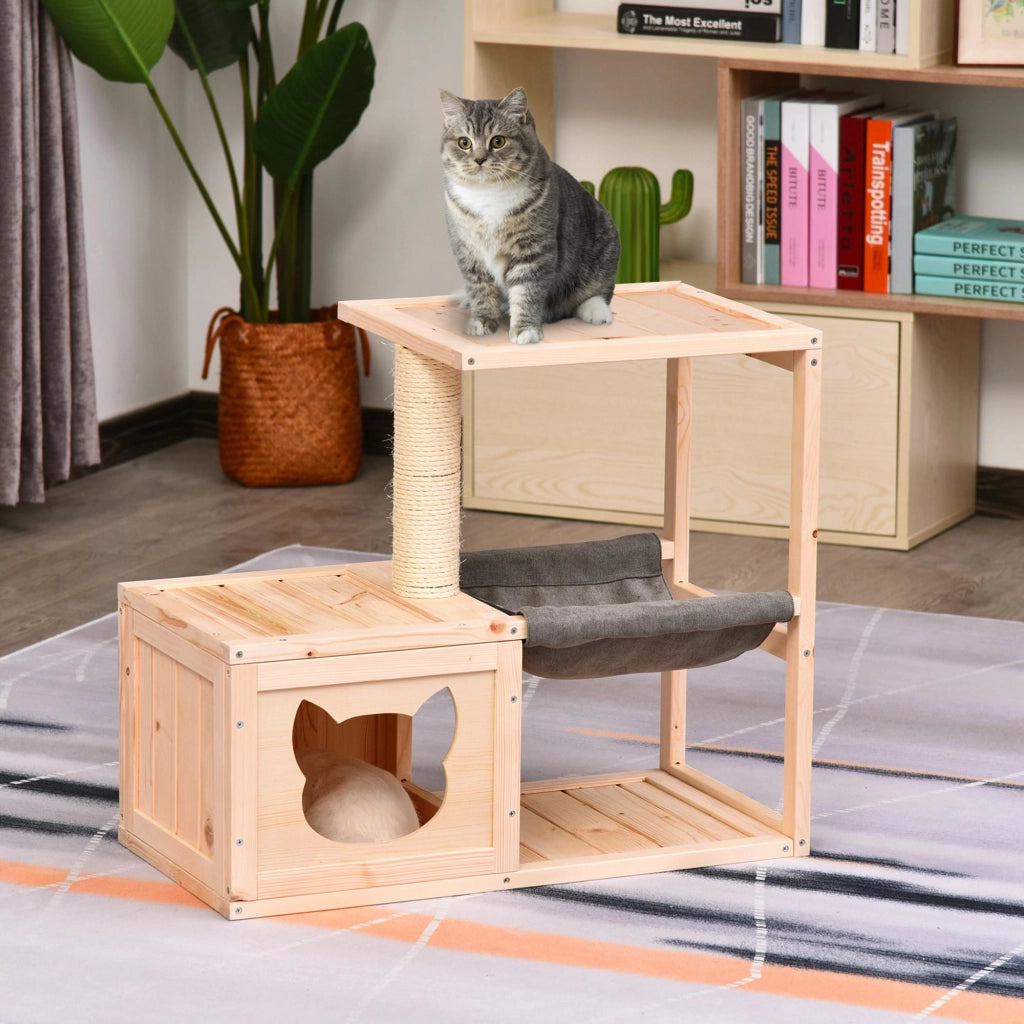 Letto per Gatti con Amaca e Tiragraffi in Legno ¨C zephmum ¨C Naturale 70x35x60 cm