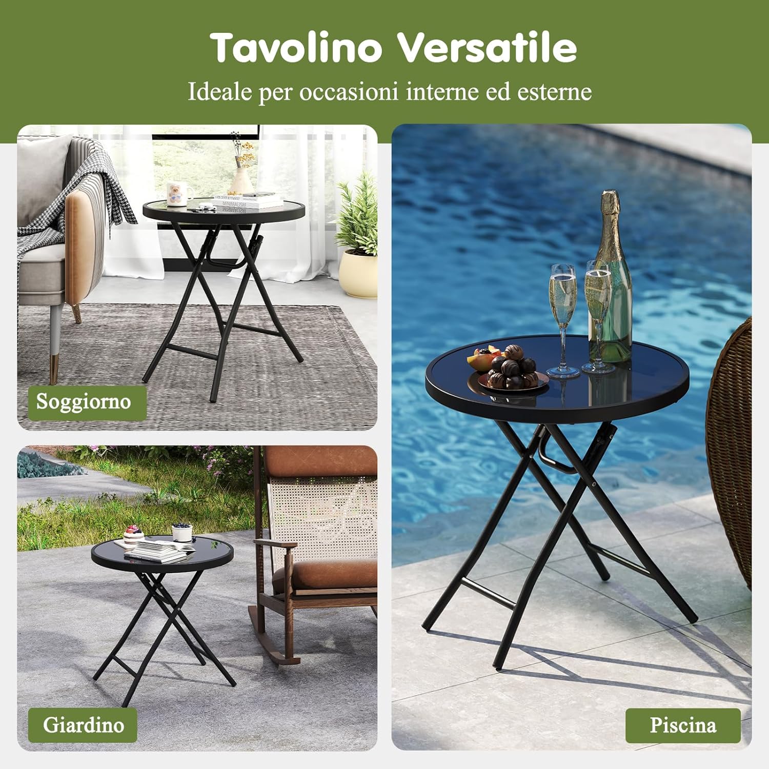 Tavolino da Giardino Pieghevole da 46 cm, Tavolino Rotondo Compatto da Patio, con Piano in Vetro Temperato e Struttura in Metallo, Tavolino Laterale Portata 50 kg (Nero)
