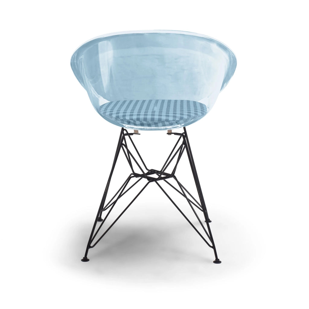 Manila - Set di 4 sedie di design in metallo e PP con cuscino a scacchi azzurro