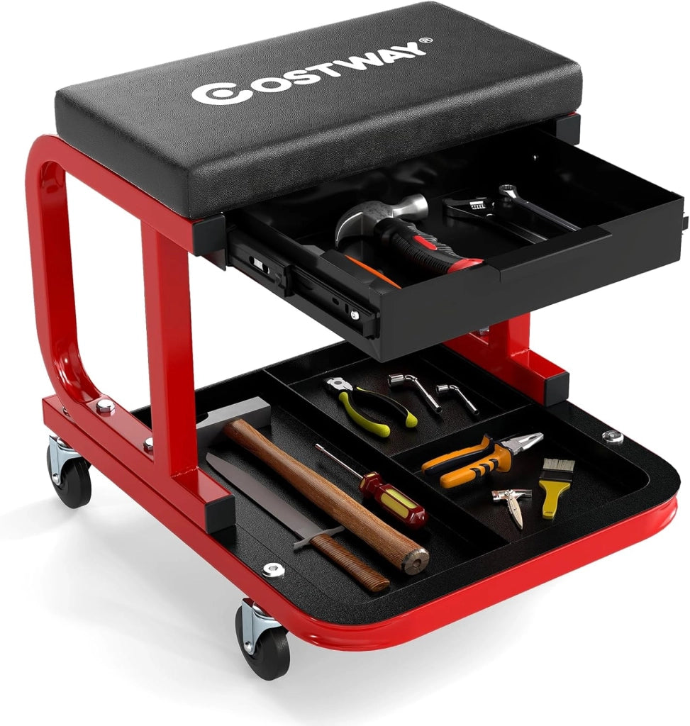 COSTWAY Sgabello da Officina con Ruote, Sedia Meccanico Imbottita con Cassetto e Vassoio Portautensili, capacità di 185 kg, per Riparazione Auto, per Garage e Officina (Nero)
