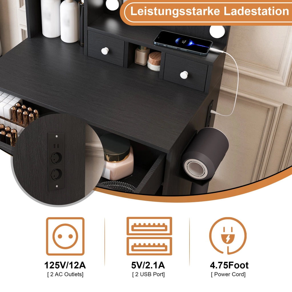 Toeletta nera in MDF con specchio LED, presa e sgabello