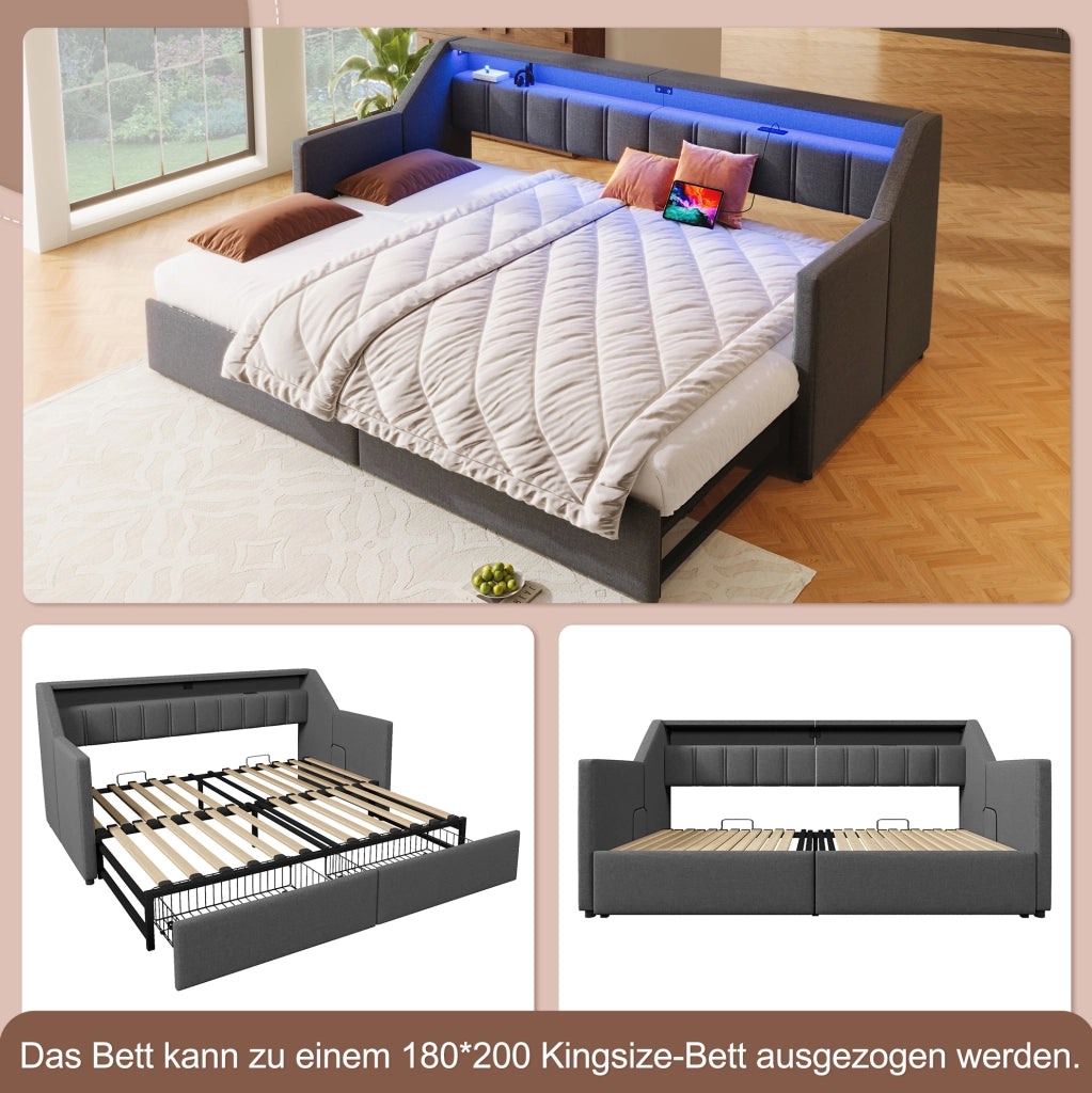 Letto estraibile multifunzionale 90 x 200 cm con USB, Type-C, LED e 2 cassetti