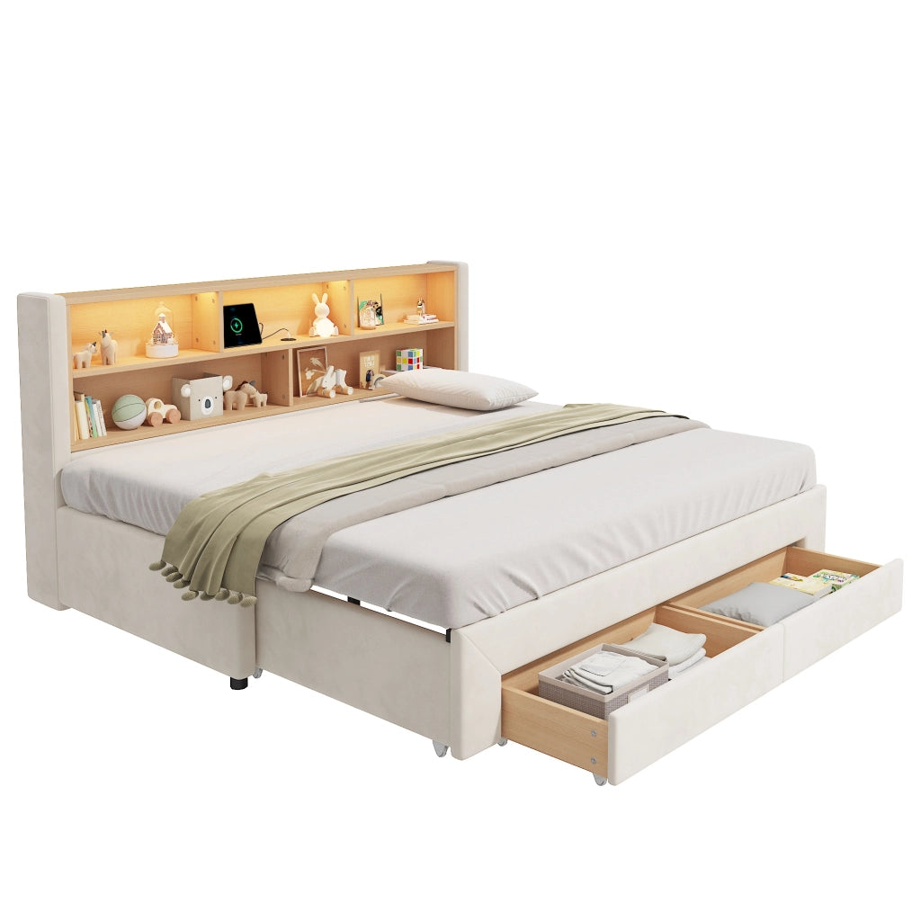 Divano letto estraibile con cassetti; USB e LED; 90x200 cm; velluto beige