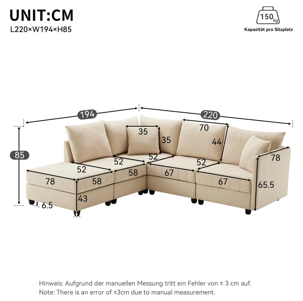 Divano modulare 5 posti beige con poggiapiedi trasformabile e molle indipendenti confortevole