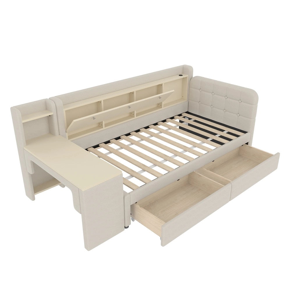 Letto Divano con Cassetti e Scrivania ¨C MINIMAL ¨C Lino Beige 90x200