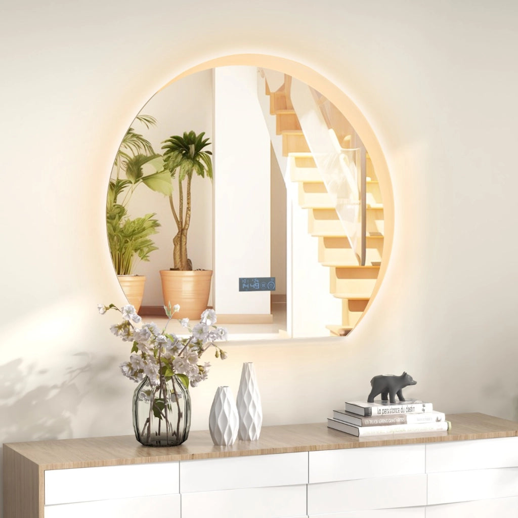 Specchio da bagno con aspetto di luce a mezzaluna luci LED regolabile a 3 colori, Specchio da parete decorativo-Specchi da parete