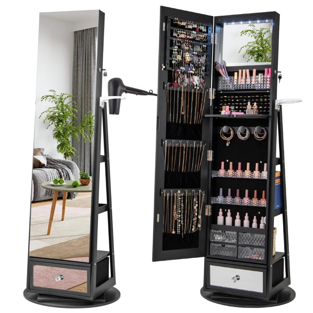 Mobile portagioie girevole a 360° 56 x 164 cm con specchio a figura intera e luci LED in MDF nero 20_0010357