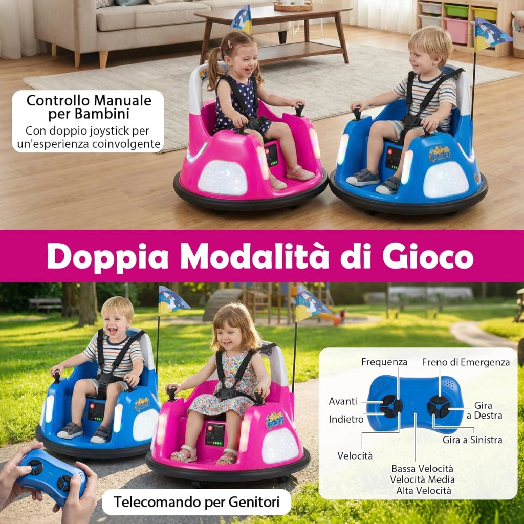 12V Autoscontro Elettrico per Bambini, Macchina Elettrica per Bambini con Luci, Telecomando e Doppio Joystick, Rotazione a 360° per Bambini 18-72 Mesi (Rosa)