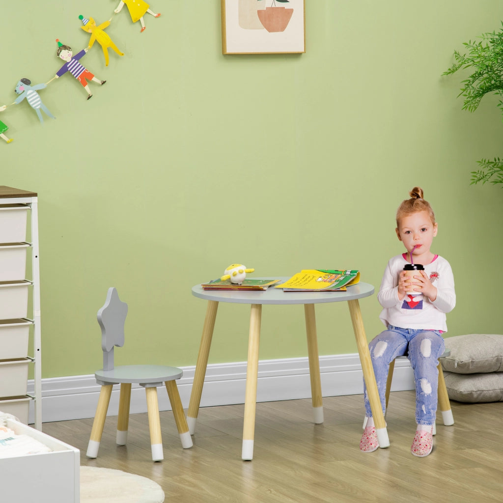Set Tavolo con 2 Sedie per Bambini in Legno, Et¨¤ da 18 Mesi a 4 Anni, Grigio