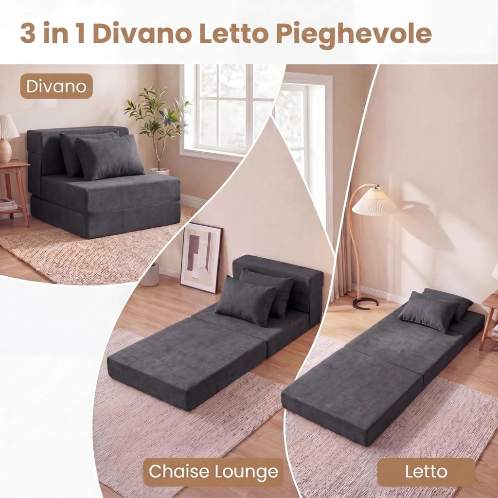 Divano Letto 2 Posti Pieghevole, 3 in 1 Divanetto Trasformabile con 2 Cuscini, Schiuma ad Alta Densità e Rivestimento in Tessuto Chenille, Poltrona Letto per Soggiorno (Grigio,72 x 76 x 58 cm)