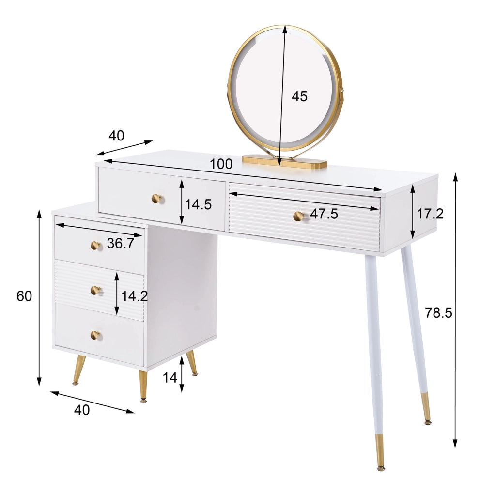 Tavolo da trucco con specchio LED, mobile laterale regolabile e cassetti, bianco, 100x78x40 cm