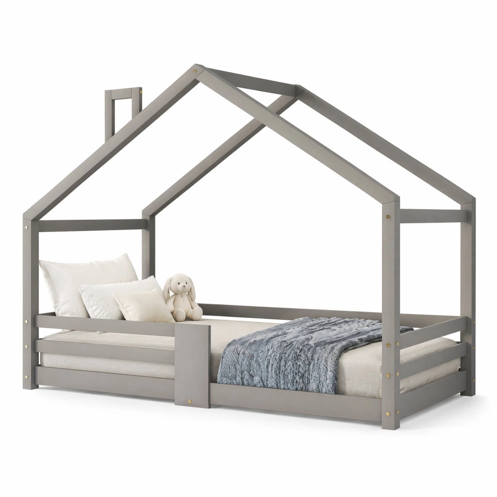 Letto per bambini a forma di casetta in legno di pino grigio 90 x 200 cm, senza materasso