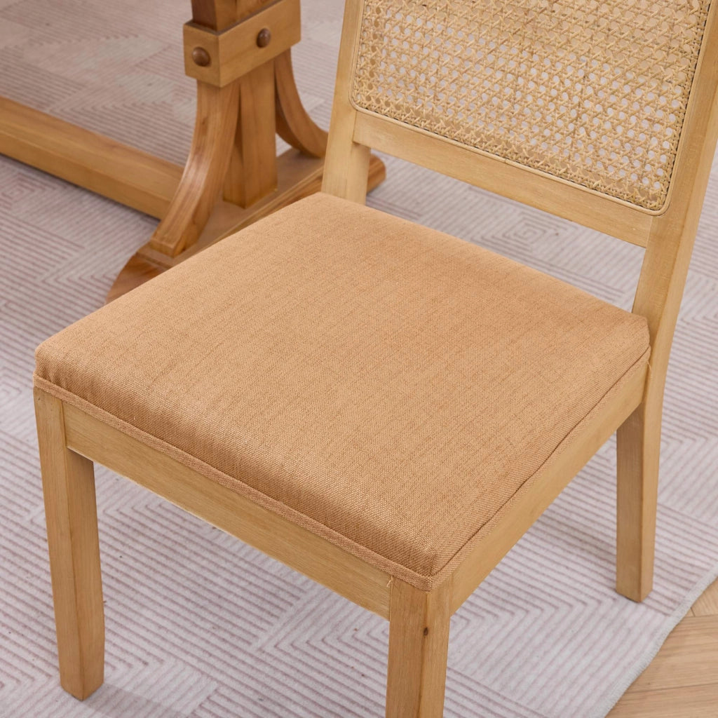 Set di 2 sedie da pranzo, schienale in vimini, stile rustico, struttura in legno, seduta imbottita, color legno naturale e marrone chiaro