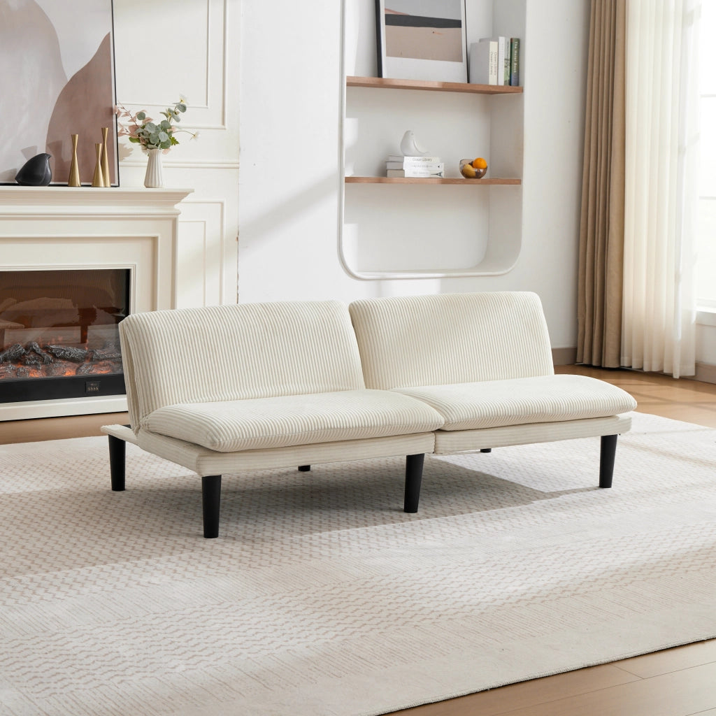 Divano letto a 2 posti con schienale reclinabile a 3 posizioni, rivestimento effetto velluto e struttura in legno, beige